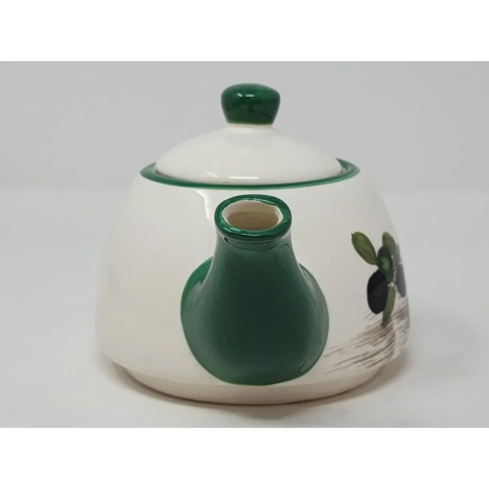 Vintage Single Serve Teapot Black‎ Olives Leaves GreenBlackBrownWhite Unmarked